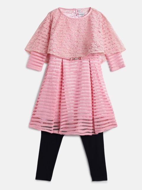 

Peppermint Girls Pink Self Design Fit and Flare Dress