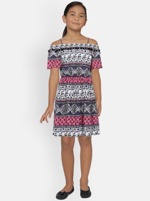 

Peppermint Girls White & Blue Printed Fit and Flare Dress