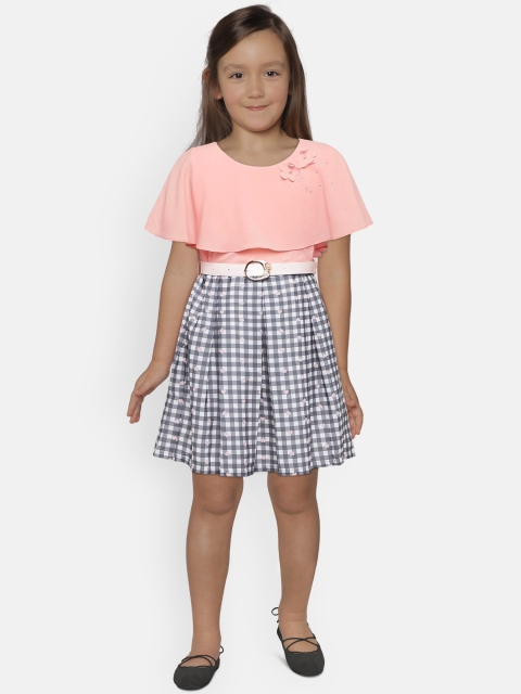 

Peppermint Girls Peach-Coloured & Grey Checked Fit and Flare Dress