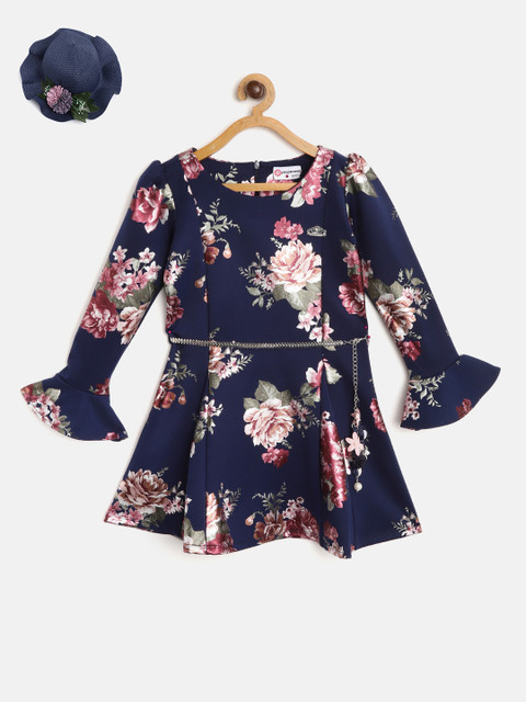 

Peppermint Girls Navy Blue & Pink Printed Fit and Flare Dress