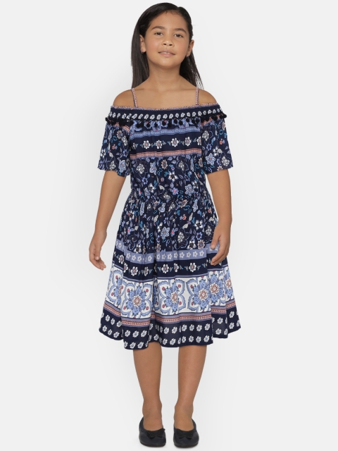 

Peppermint Girls Navy Blue Printed Fit and Flare Dress