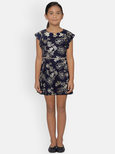 

Peppermint Girls Navy Blue & Gold-Toned Printed Fit and Flare Dress