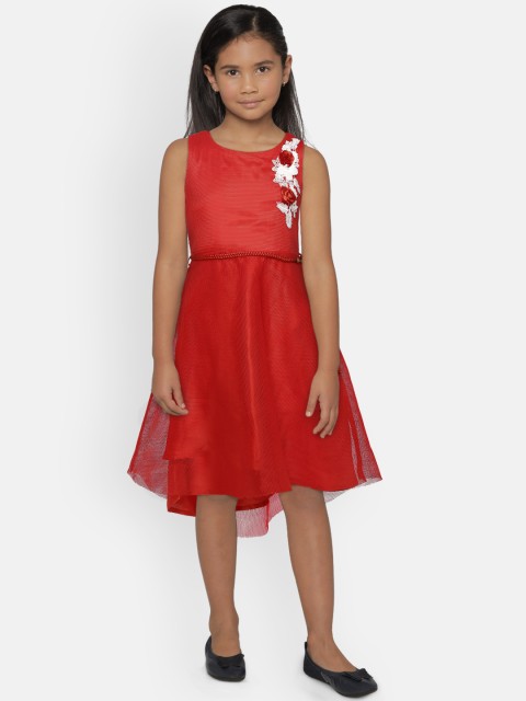 

Peppermint Girls Red Self Design Fit and Flare Dress