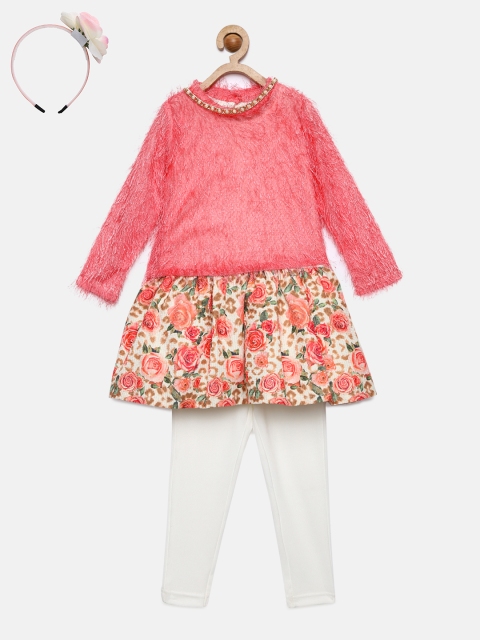 

Peppermint Girls Peach-Coloured & Off-White Fit and Flare Dress