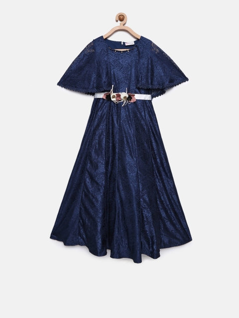 

Peppermint Girls Navy Blue Self Design Fit and Flare Maxi Dress