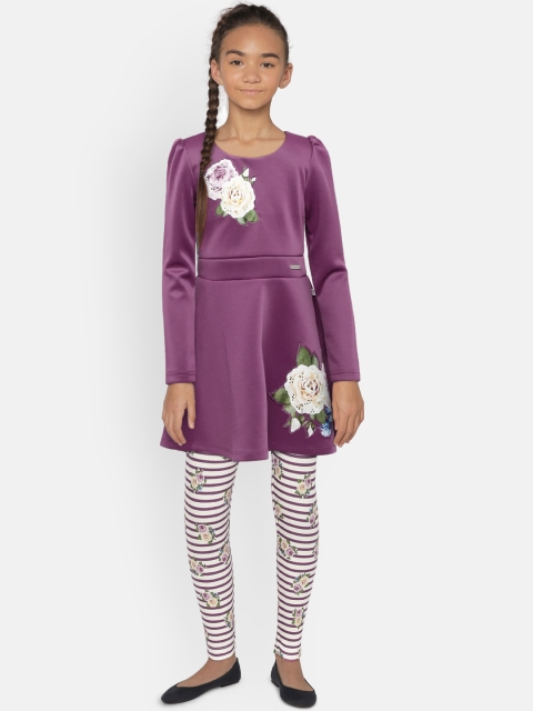 

Peppermint Girls Mauve Printed Fit and Flare Dress with Leggings
