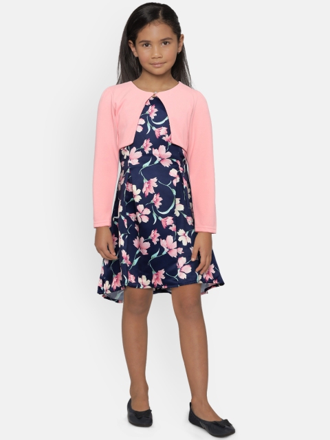 

Peppermint Girls Navy Blue & Pink Fit and Flare Dress with Shrug