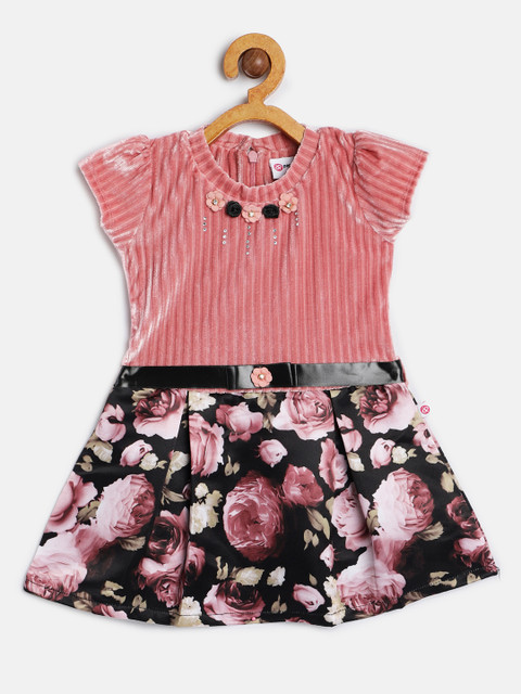 

Peppermint Girls Peach-Coloured & Black Printed Fit and Flare Dress