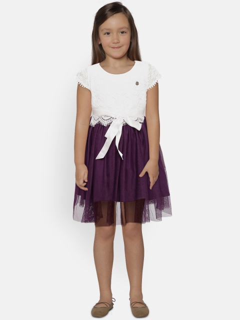 

Peppermint Girls White & Purple Colourblocked Fit and Flare Dress