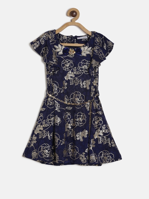 

Peppermint Girls Navy Blue & Gold-Toned Printed Fit and Flare Dress