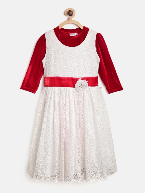 

Peppermint Girls White Self Design Fit and Flare Dress