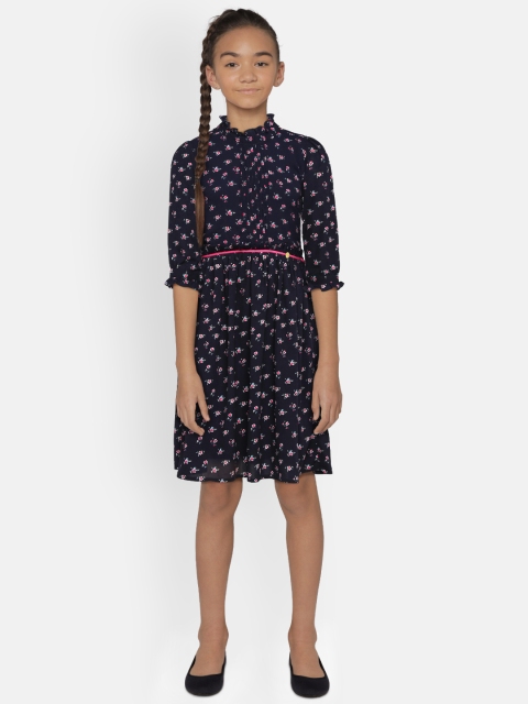 

Peppermint Girls Navy Blue Printed Fit and Flare Dress