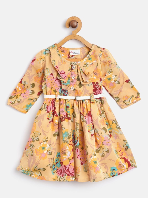 

Peppermint Girls Mustard & Red Floral Printed Fit and Flare Dress