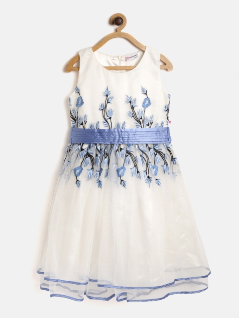 

Peppermint Girls White & Blue Embroidered Fit and Flare Dress with Belt