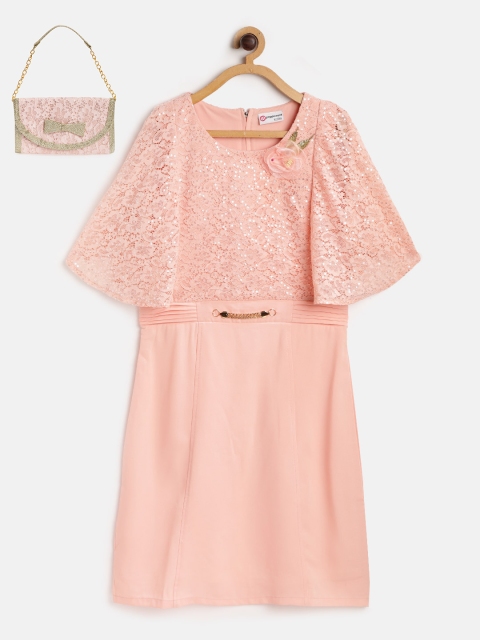 

Peppermint Girls Peach-Coloured Lace A-Line Dress with Clutch