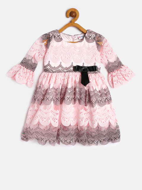 

Peppermint Girls Peach-Coloured & Black Self Design Fit and Flare Dress