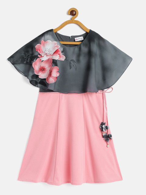 

Peppermint Girls Peach-Coloured & Grey Printed A-Line Dress