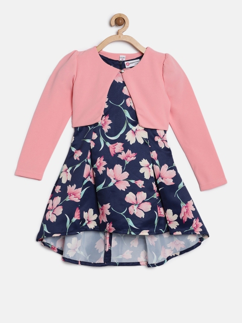 

Peppermint Girls Navy Blue Printed Fit and Flare Dress & Shrug