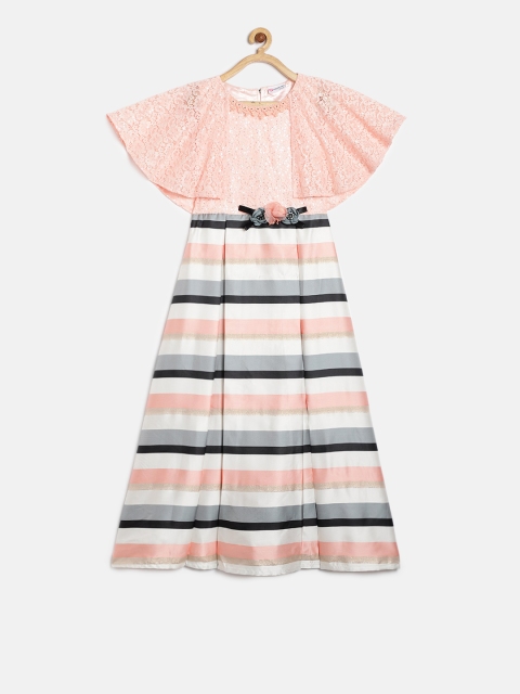

Peppermint Girls Peach-Coloured & White Self Design Fit and Flare Dress