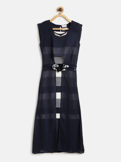 

Peppermint Girls Navy Blue Striped Shift Dress with Layer & Belt