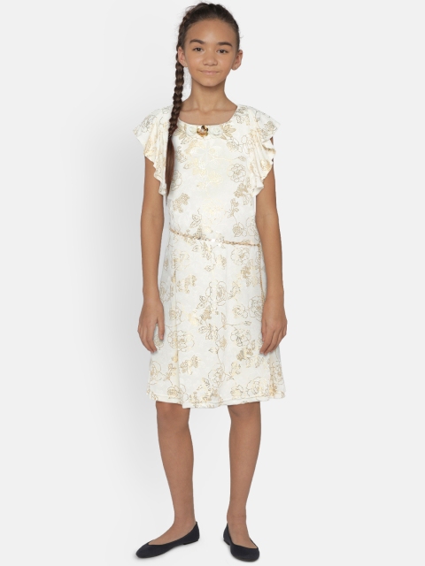 

Peppermint Girls Cream-Coloured & Gold-Toned Self Design Fit and Flare Dress