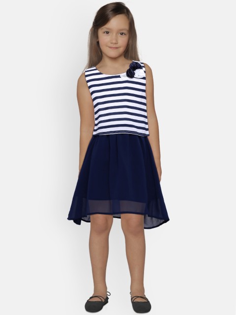 

Peppermint Girls Navy Blue & White Striped Fit and Flare Dress