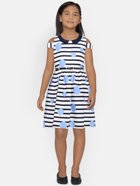 

Peppermint Girls White & Navy Blue Striped Fit and Flare Dress