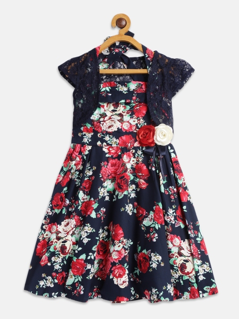 

Peppermint Girls Navy Blue Printed Fit and Flare Dress