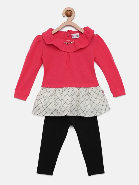 

Peppermint Girls Peach-Coloured Printed Fit and Flare Dress with leggings