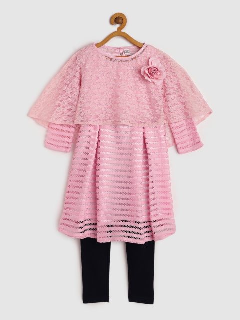 

Peppermint Girls Pink Self Design Fit and Flare Dress