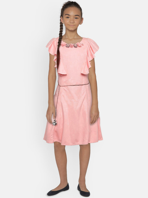 

Peppermint Girls Peach-Coloured Solid Fit and Flare Dress