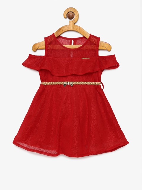 

Peppermint Girls Red Fit and Flare Self Design Lace Dress