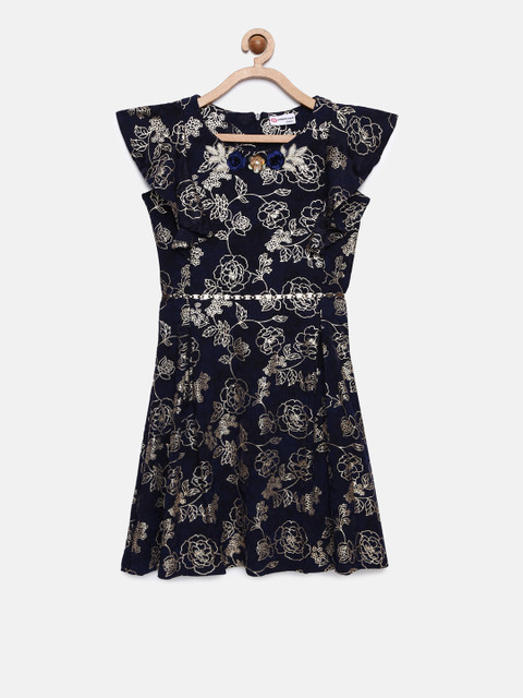 

Peppermint Girls Navy Blue & Gold-Toned Printed Fit and Flare Dress