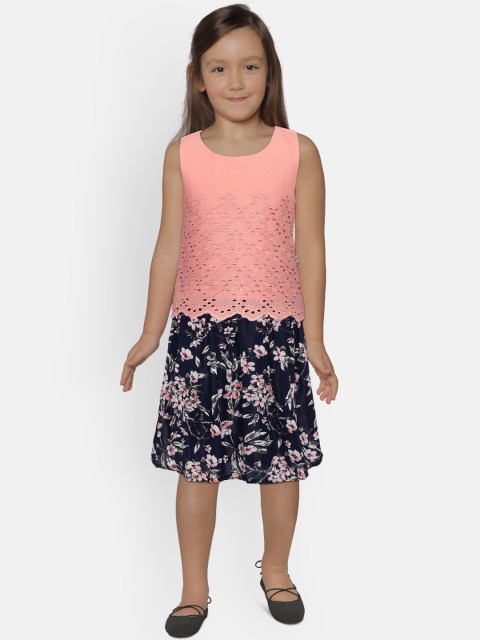 

Peppermint Girls Peach-Coloured & Navy Blue Self Design Top with Skirt