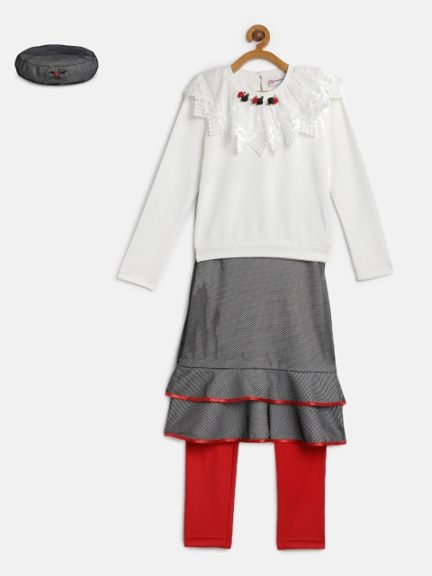 

Peppermint Girls Set of Off-White Top, Black & White Skirt, Red Leggings & Beret Hat
