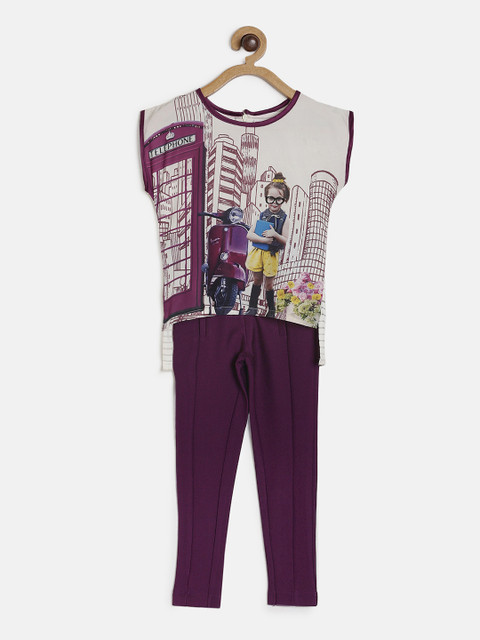 

Peppermint Girls Off-White Printed Top with Purple Jeggings
