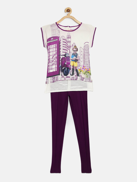 

Peppermint Girls Off-White & Purple Printed Top with Leggings