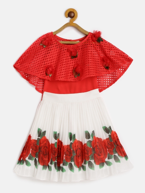 

Peppermint Girls Red & White Self Design Top with Skirt