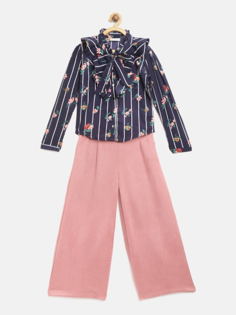 

Peppermint Girls Navy Blue & Peach-Coloured Printed Shirt with Palazzos