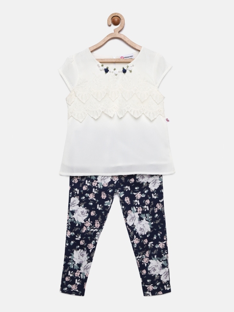 

Peppermint Girls White Embellished Top with Navy Blue Printed Capris