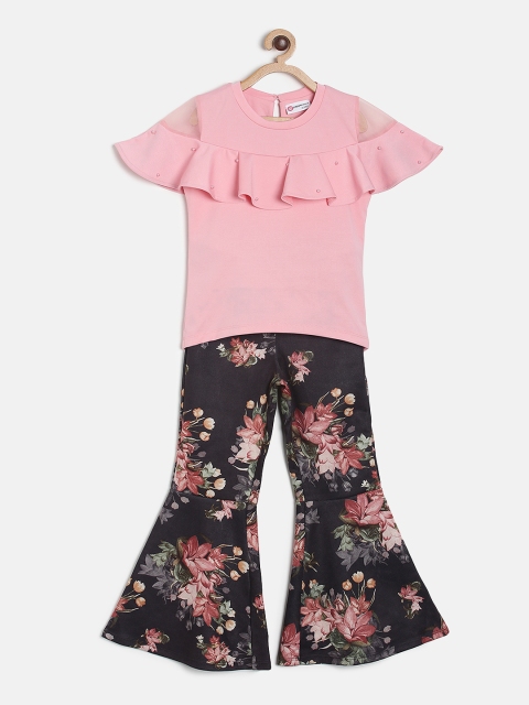 

Peppermint Girls Peach-Coloured & Black Solid Top with Flared Trousers