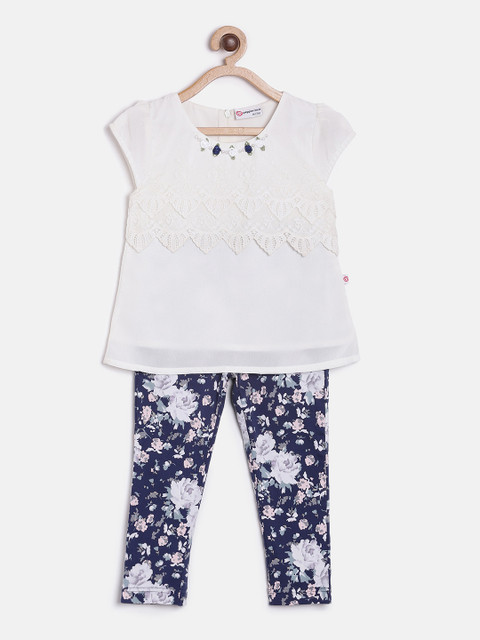

Peppermint Girls White & Navy Blue Solid Top with Trousers