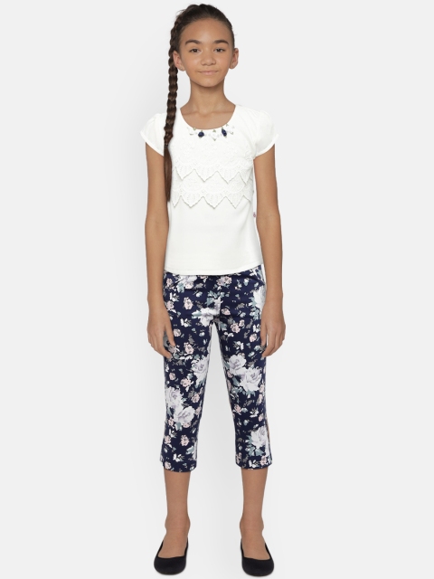 

Peppermint Girls White Embellished Top with Navy Blue Printed Capris