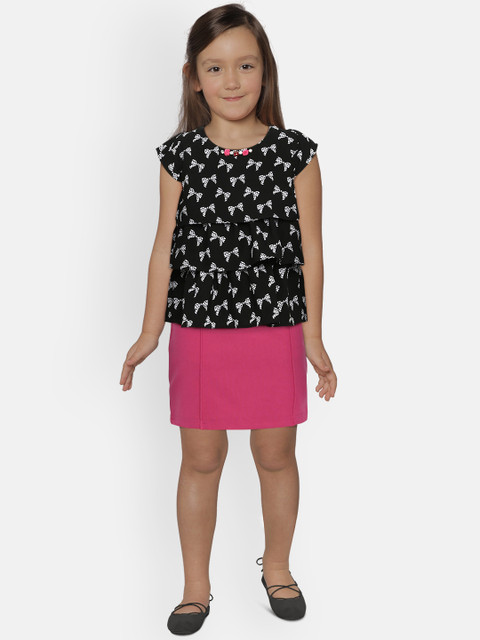 

Peppermint Girls Black & Fuchsia Printed Top with Skirt