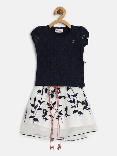 

Peppermint Girls Navy Blue Printed Lace Top with White Embroidered Net Skirt