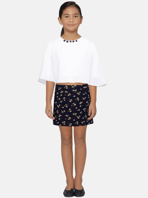 

Peppermint Girls Off-White & Navy Blue Solid Top with Skirt