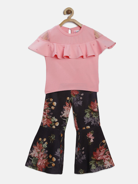 

Peppermint Girls Pink & Navy Blue Solid Top with Trousers
