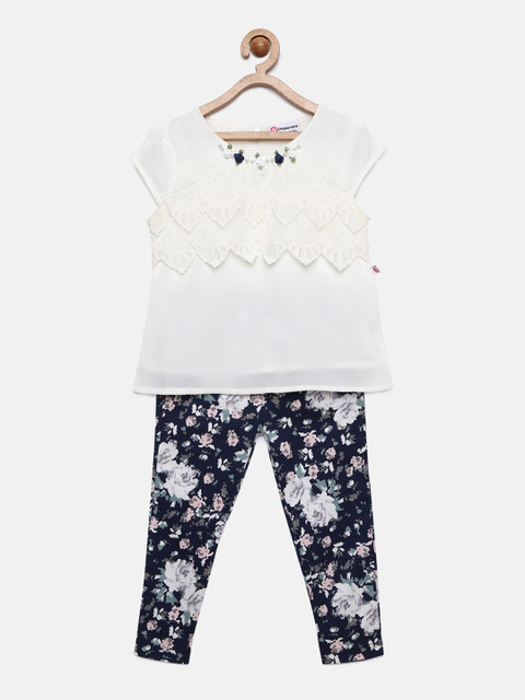 

Peppermint Girls Off-White & Navy Blue Solid Top with Capris