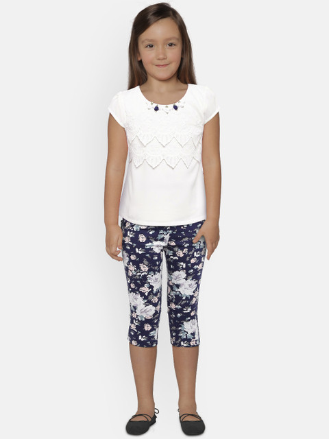

Peppermint Girls White & Navy Blue Self Design Top with Trousers