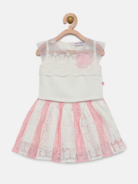 

Peppermint Girls Peach-Coloured & White Self Design Top with Skirt